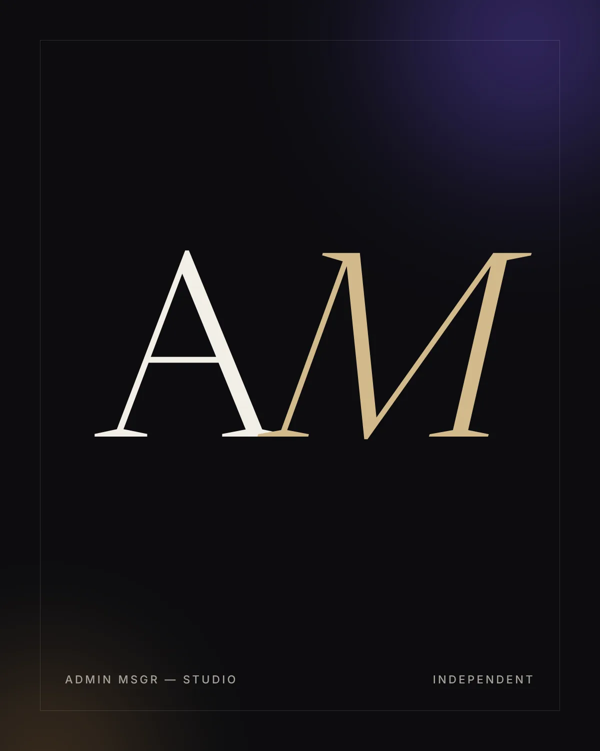 Admin MSGR studio monogram, set in serif type over a dark, softly lit background