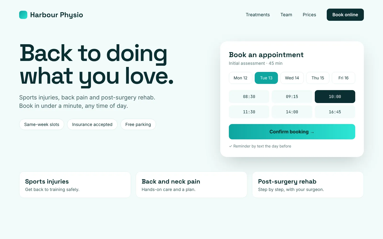 Harbour Physio concept website on desktop